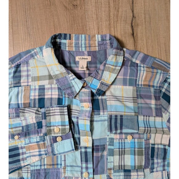 LL Bean Size L Patchwork Madras Plaid Button Down Blouse Cotton Boho Preppy - Picture 12 of 14